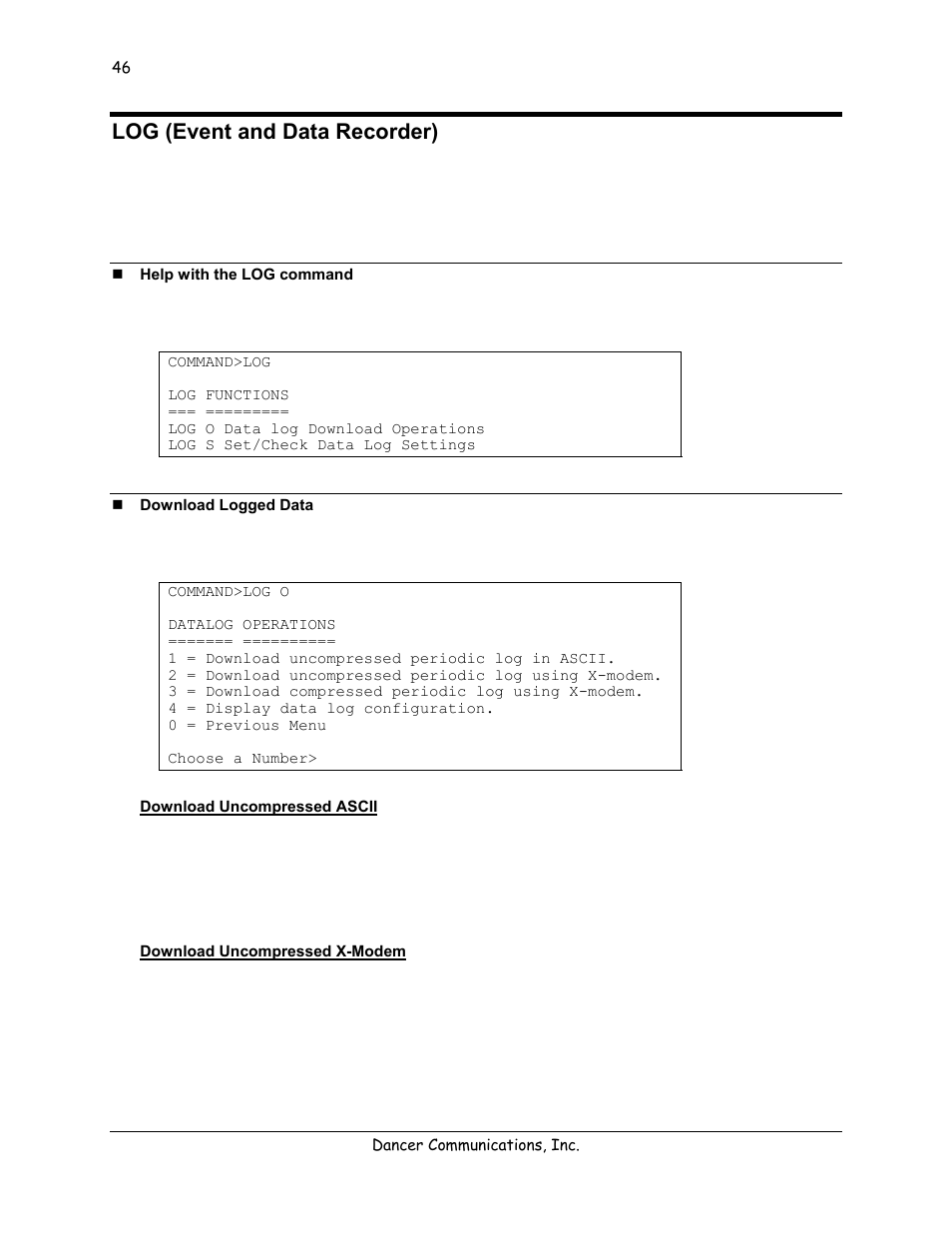 Log (event and data recorder), Help with the log command, Download logged data | Download uncompressed ascii, Download uncompressed x-modem | Lexicon 570 User Manual | Page 51 / 70