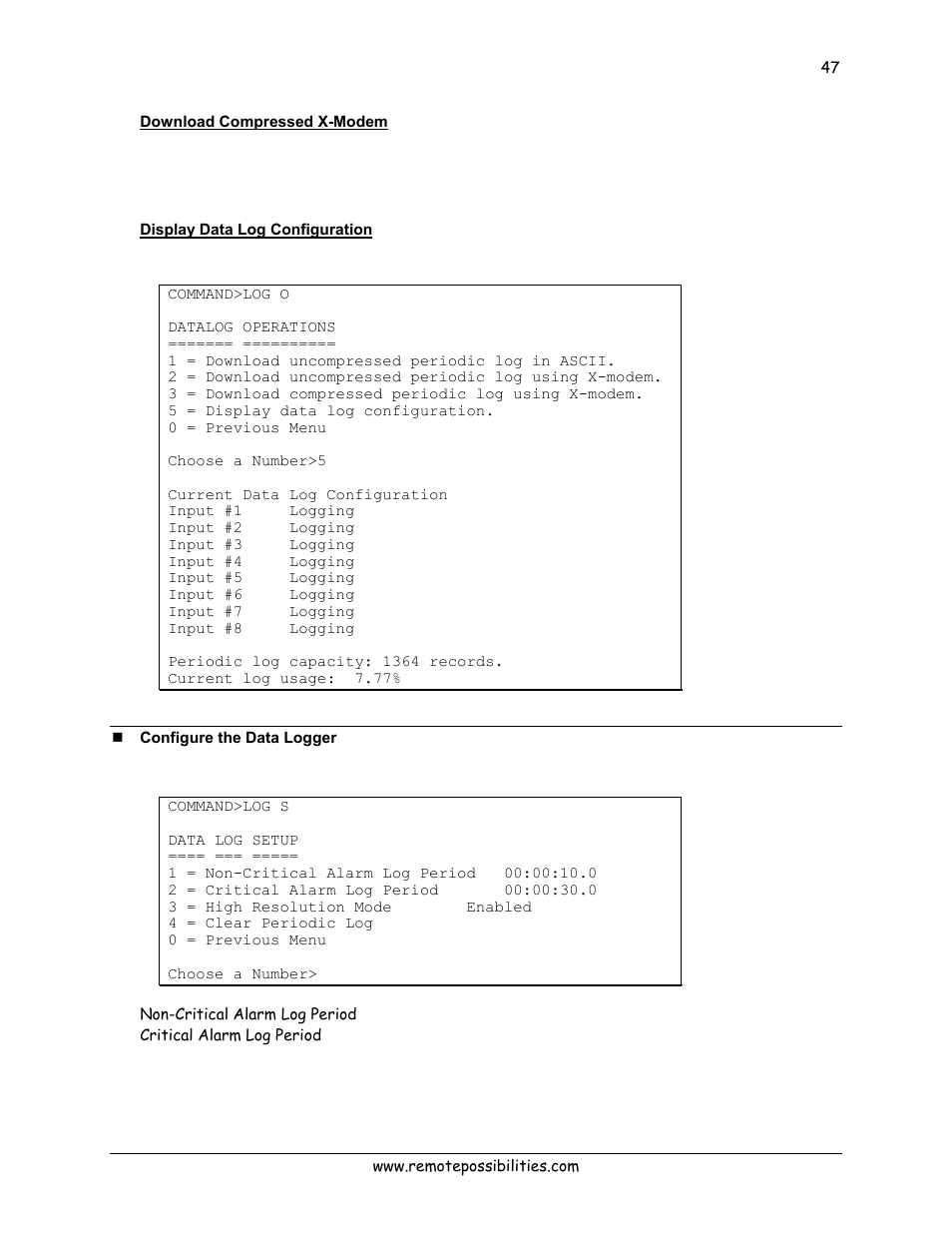 Download compressed x-modem, Display data log configuration, Configure the data logger | Lexicon 570 User Manual | Page 52 / 70