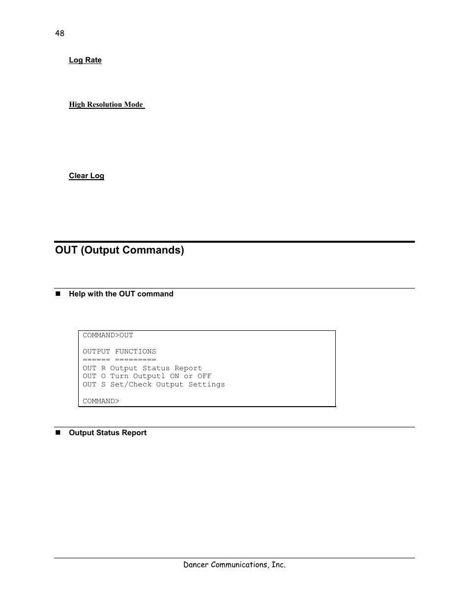 Log rate, High resolution mode, Clear log | Out (output commands), Help with the out command, Output status report | Lexicon 570 User Manual | Page 53 / 70