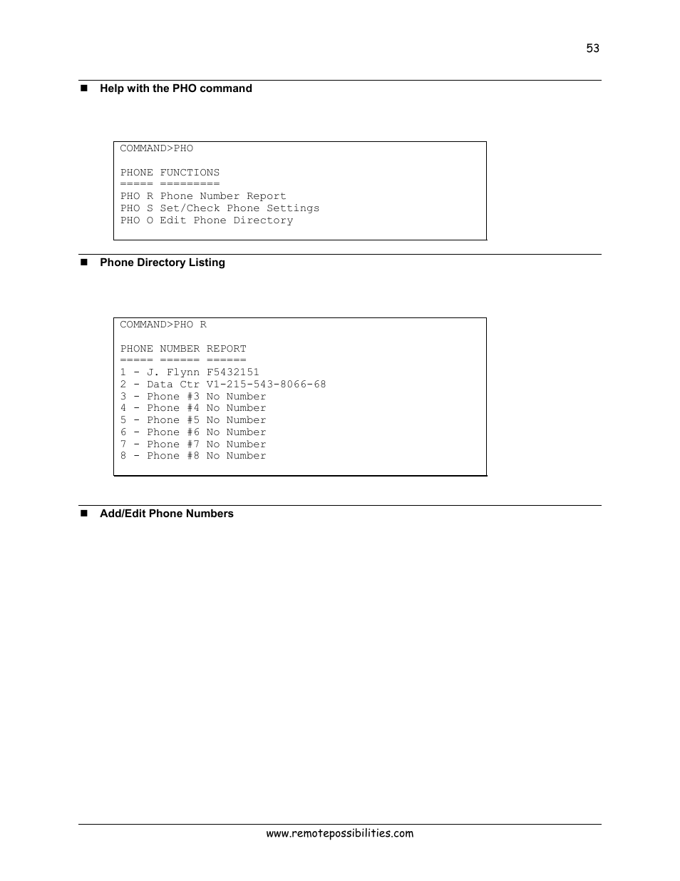 Help with the pho command, Phone directory listing, Add/edit phone numbers | Lexicon 570 User Manual | Page 58 / 70