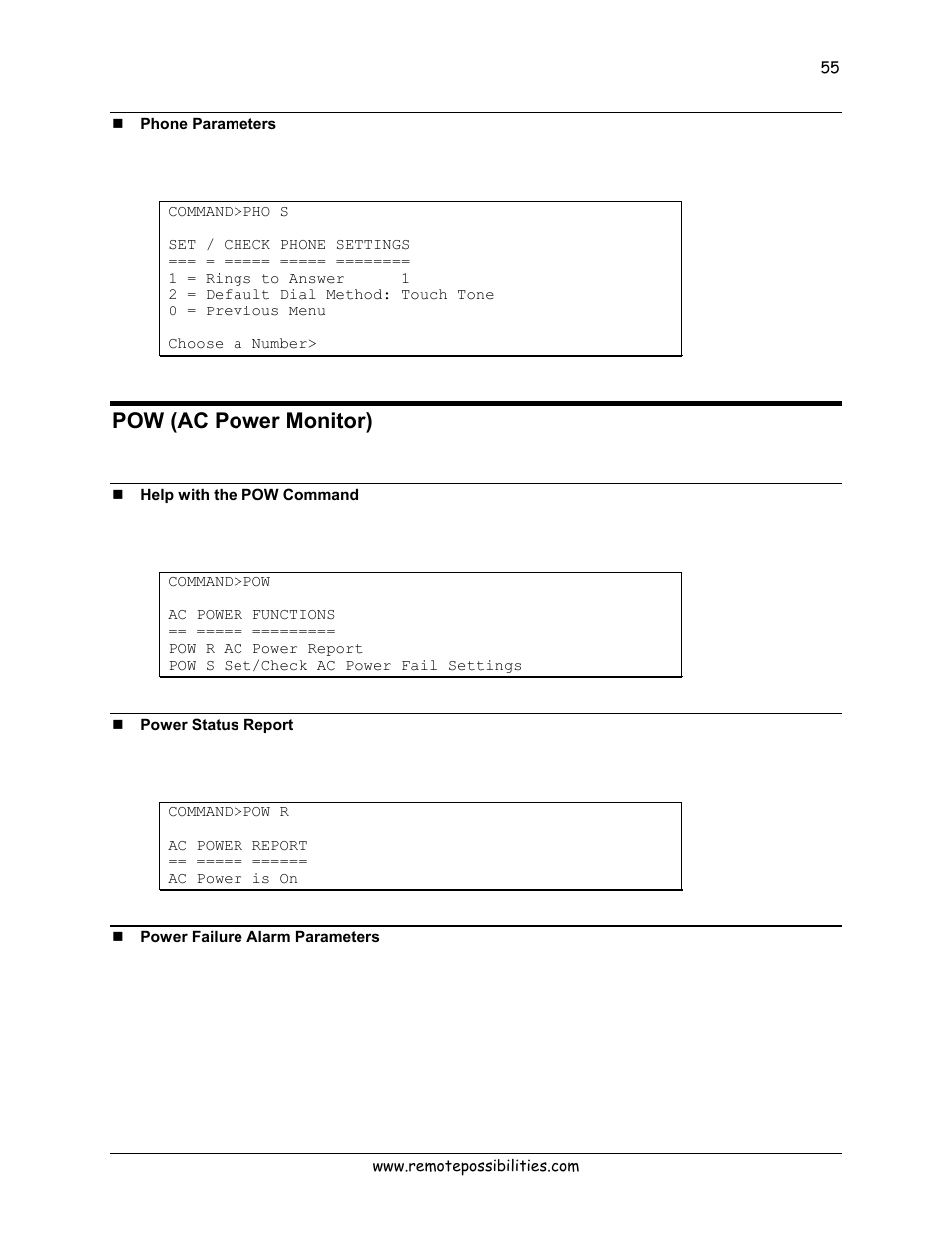 Phone parameters, Pow (ac power monitor), Help with the pow command | Power status report, Power failure alarm parameters | Lexicon 570 User Manual | Page 60 / 70