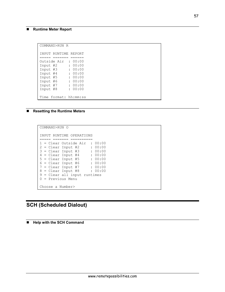 Runtime meter report, Resetting the runtime meters, Sch (scheduled dialout) | Help with the sch command | Lexicon 570 User Manual | Page 62 / 70