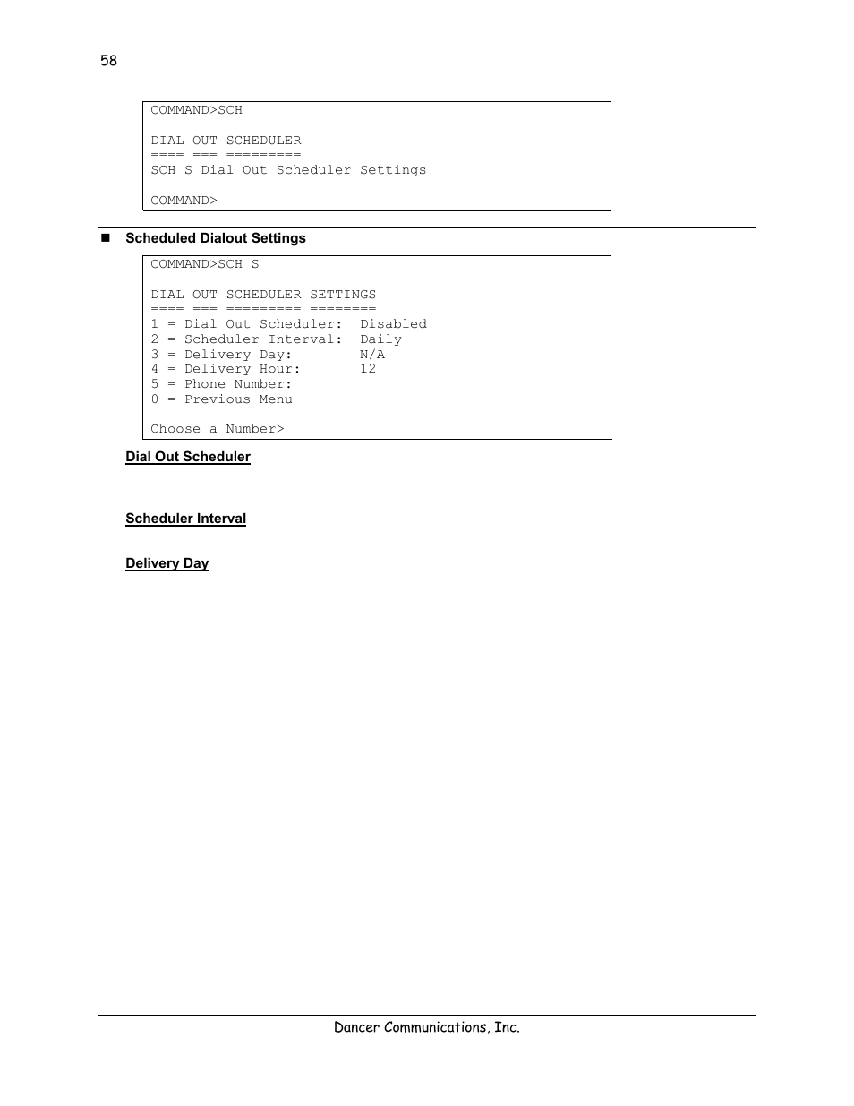 Scheduled dialout settings, Dial out scheduler, Scheduler interval | Delivery day, Delivery hour, Phone number, Sec (security & identification), Help with the sec command | Lexicon 570 User Manual | Page 63 / 70