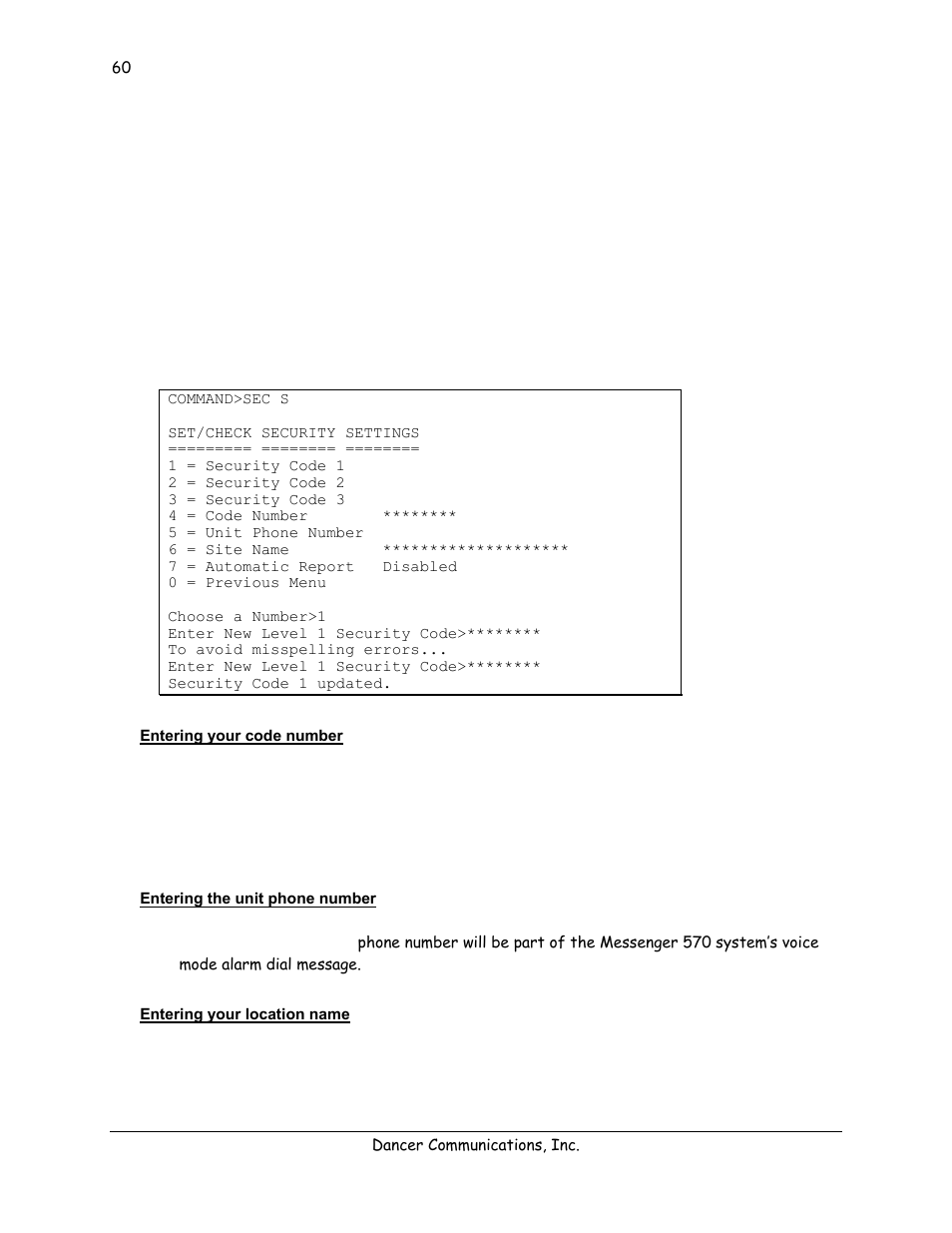 Entering your code number, Entering the unit phone number, Entering your location name | Lexicon 570 User Manual | Page 65 / 70