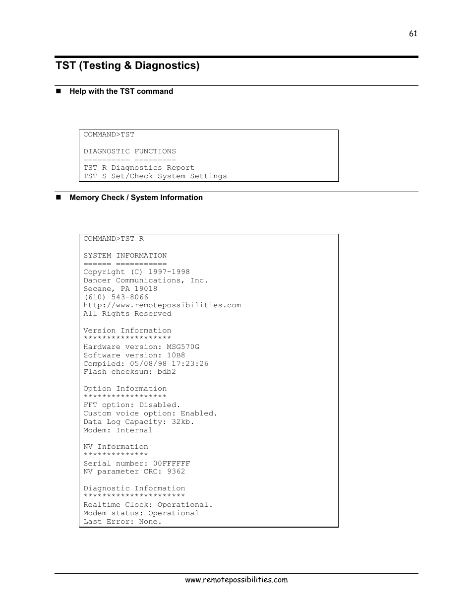 Tst (testing & diagnostics), Help with the tst command, Memory check / system information | Lexicon 570 User Manual | Page 66 / 70