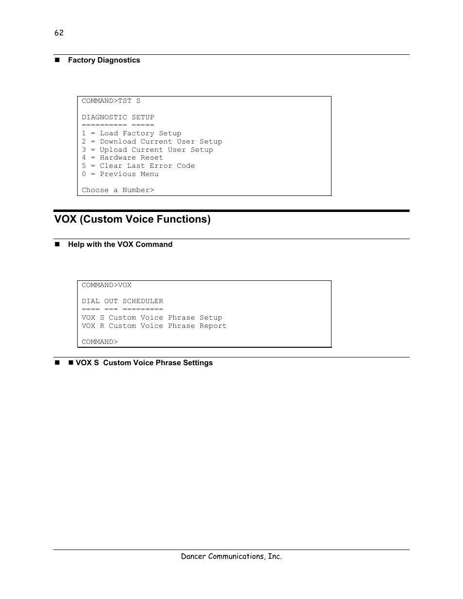 Factory diagnostics, Vox (custom voice functions), Help with the vox command | Vox s custom voice phrase settings | Lexicon 570 User Manual | Page 67 / 70