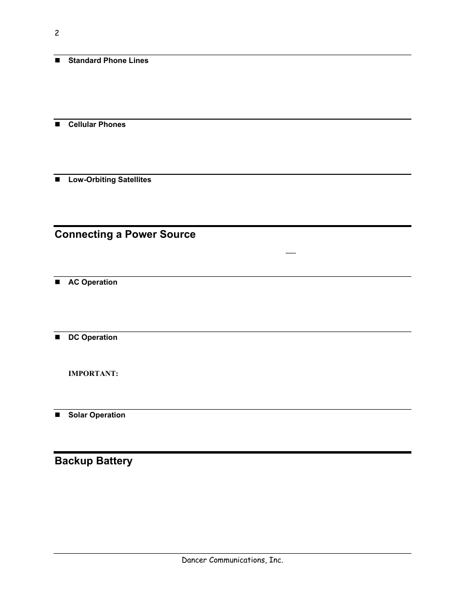 Standard phone lines, Cellular phones, Low-orbiting satellites | Connecting a power source, Ac operation, Dc operation, Solar operation, Backup battery | Lexicon 570 User Manual | Page 7 / 70