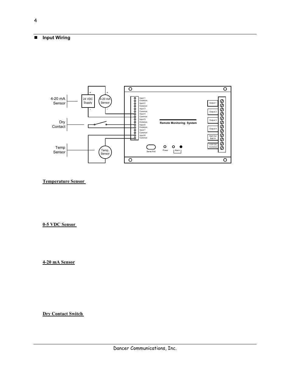 Input wiring, Temperature sensor, 5 vdc sensor | 20 ma sensor, Dry contact switch, Model 570 | Lexicon 570 User Manual | Page 9 / 70