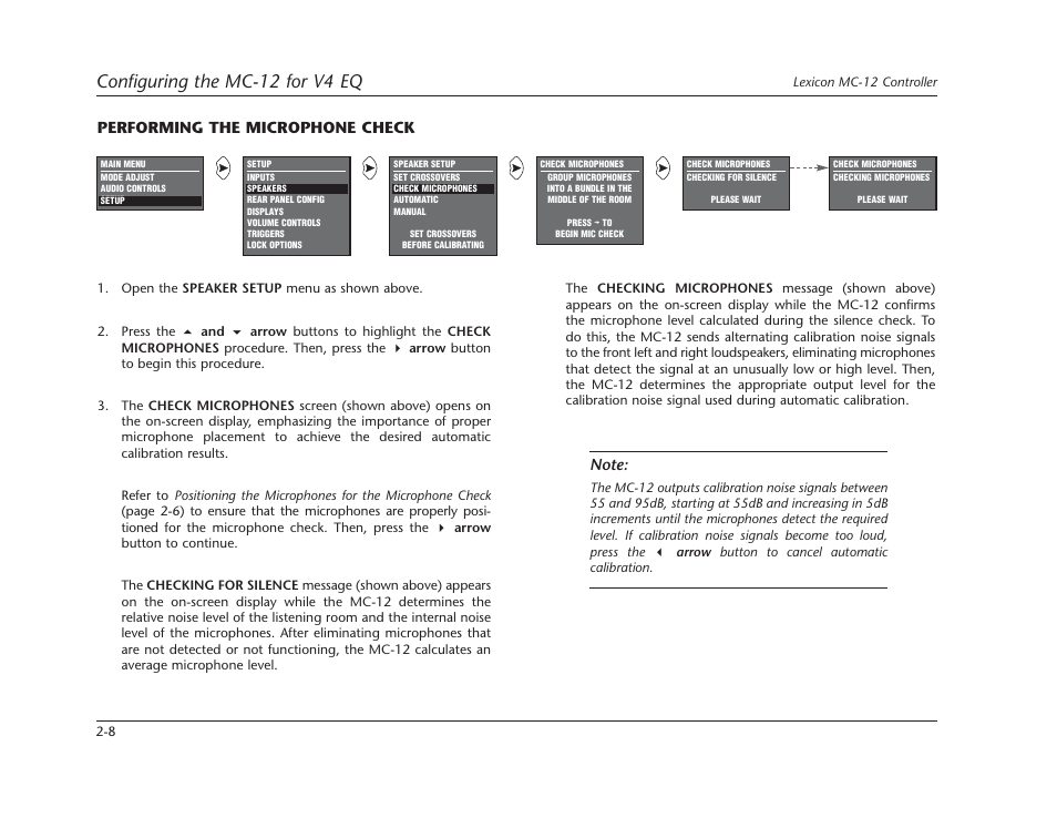 Configuring the mc-12 for v4 eq, Performing the microphone check | Lexicon Controller Version 4 EQ MC-12 User Manual | Page 22 / 42