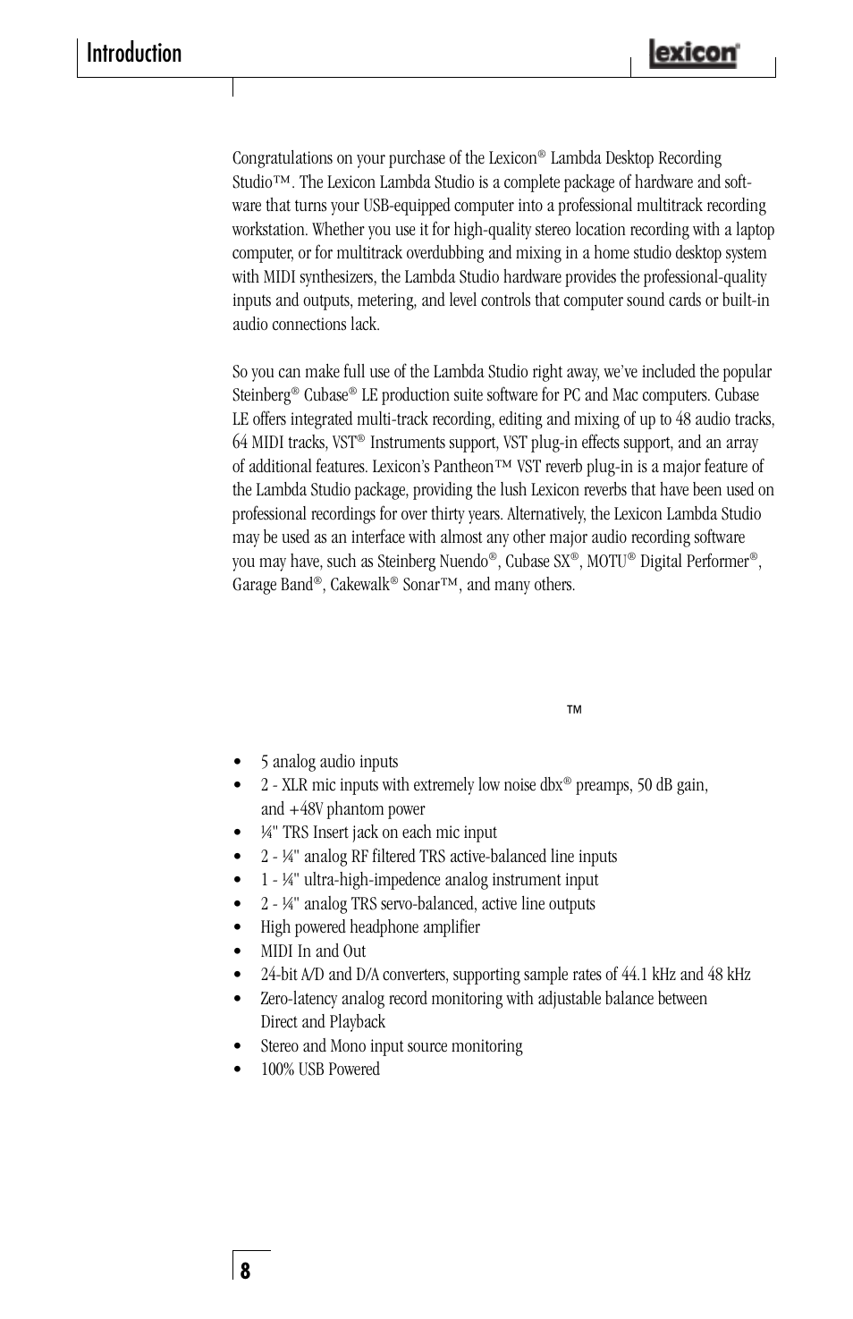Introduction, Features | Lexicon Lambda Desktop Recording Studio User Manual | Page 8 / 36