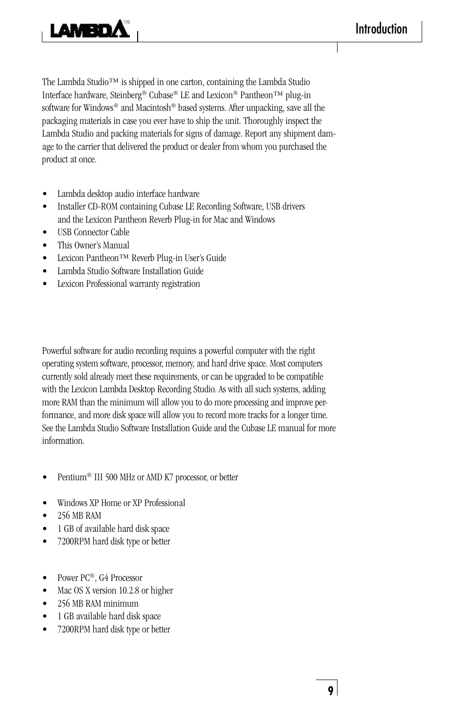 Introduction, Unpacking the lambda studio, Computer minimum requirements | Lexicon Lambda Desktop Recording Studio User Manual | Page 9 / 36