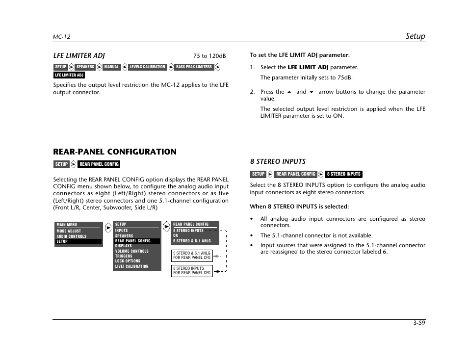 Rear-panel configuration -59, 59 for more, Setup | Rear-panel configuration, Lfe limiter adj, 8 stereo inputs | Lexicon Digital Controller MC-12 User Manual | Page 103 / 208