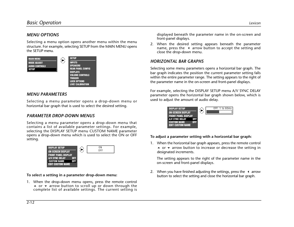 Basic operation, Menu options, Menu parameters | Parameter drop-down menus, Horizontal bar graphs | Lexicon Digital Controller MC-12 User Manual | Page 30 / 208