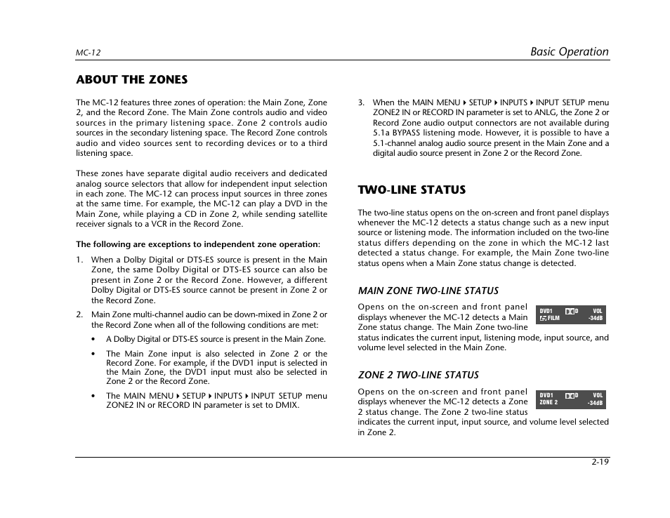 About the zones -19 two-line status -19, Basic operation, About the zones | Two-line status | Lexicon Digital Controller MC-12 User Manual | Page 37 / 208