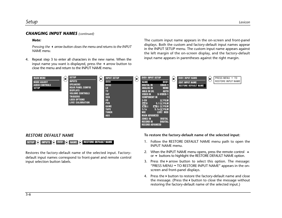 Setup, Changing input names, Restore default name | Lexicon Digital Controller MC-12 User Manual | Page 50 / 208