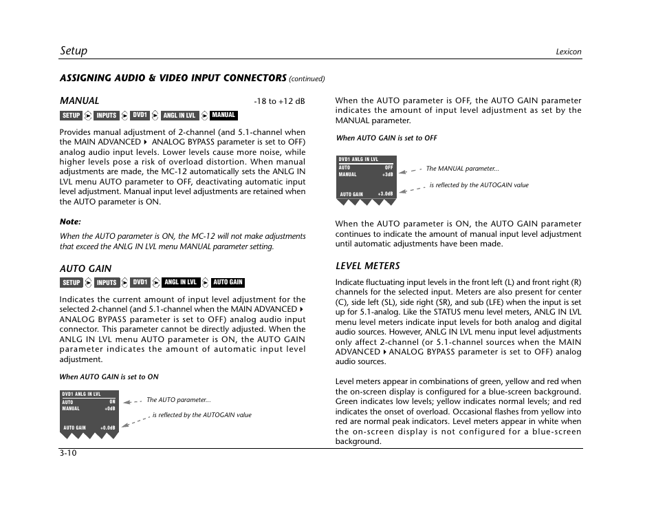 Setup, Assigning audio & video input connectors, Manual | Auto gain, Level meters | Lexicon Digital Controller MC-12 User Manual | Page 54 / 208