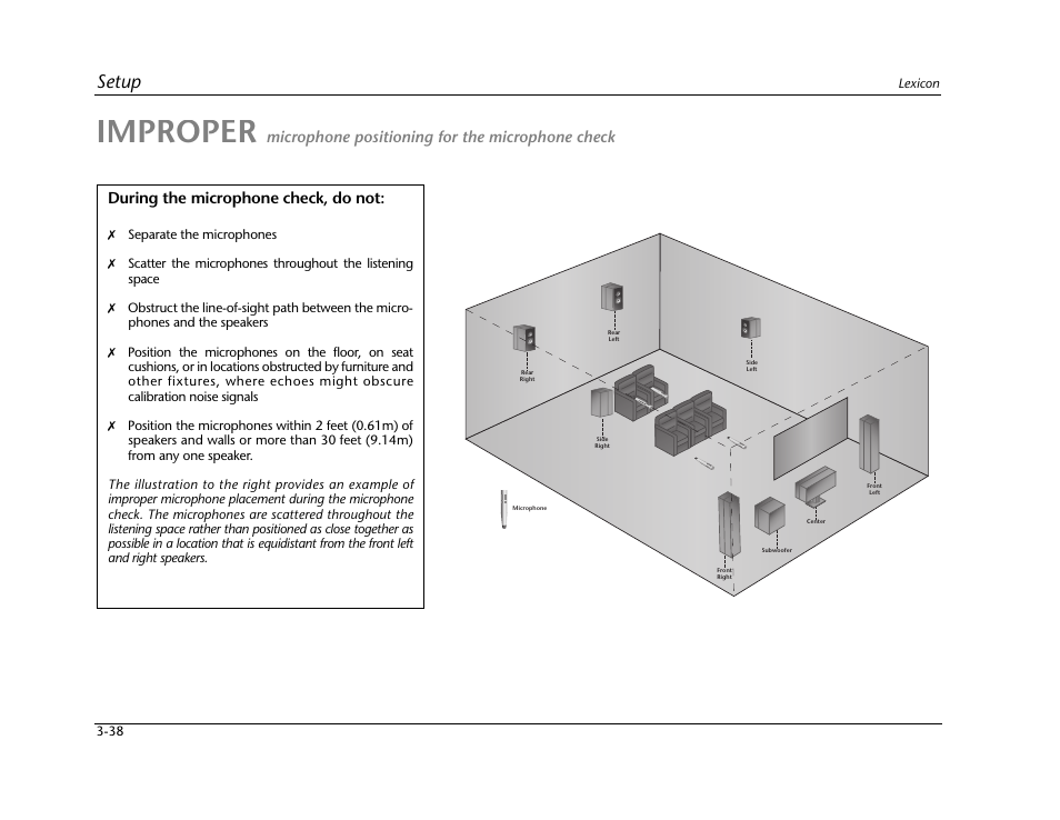 Improper, Setup, During the microphone check, do not | Microphone positioning for the microphone check | Lexicon Digital Controller MC-12 User Manual | Page 82 / 208