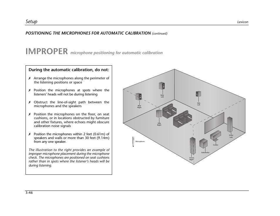 Improper, Setup, During the automatic calibration, do not | Microphone positioning for automatic calibration | Lexicon Digital Controller MC-12 User Manual | Page 90 / 208