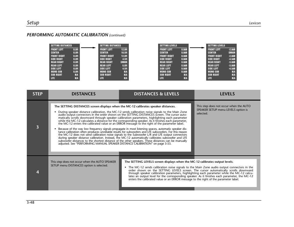 Setup, Performing automatic calibration, Step distances distances & levels levels 3 | Lexicon Digital Controller MC-12 User Manual | Page 92 / 208