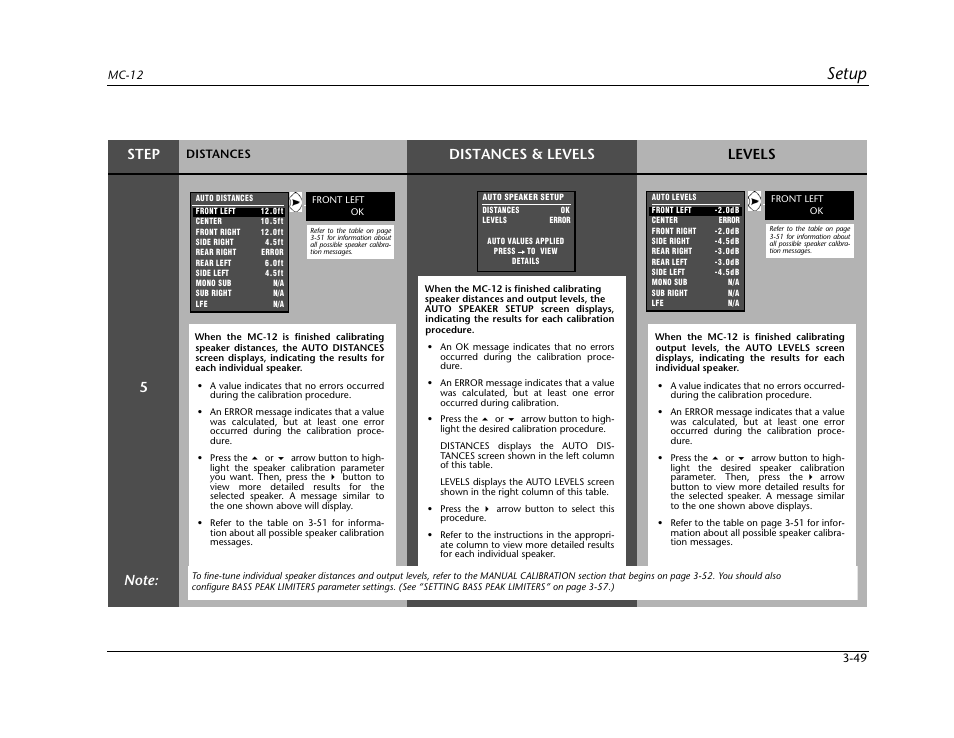 Setup, Step, Distances & levels levels 5 | Lexicon Digital Controller MC-12 User Manual | Page 93 / 208