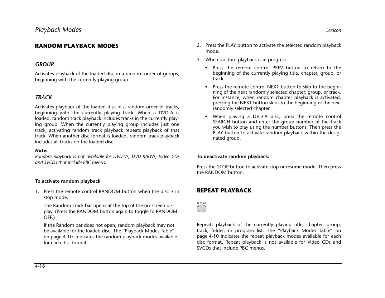 Playback modes | Lexicon Universal Disc Player RT-20 User Manual | Page 104 / 140