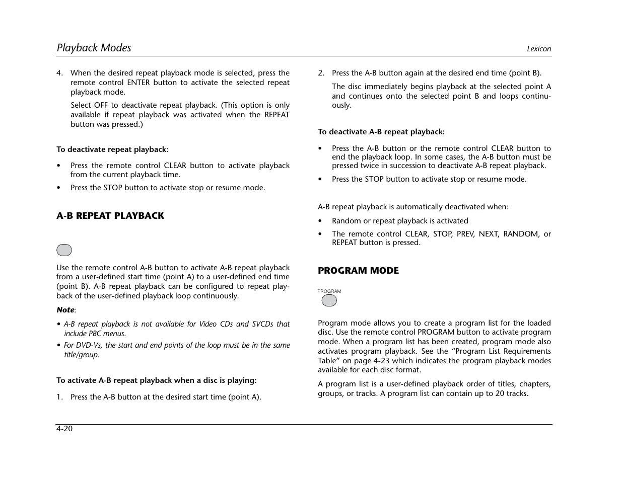 Playback modes | Lexicon Universal Disc Player RT-20 User Manual | Page 106 / 140