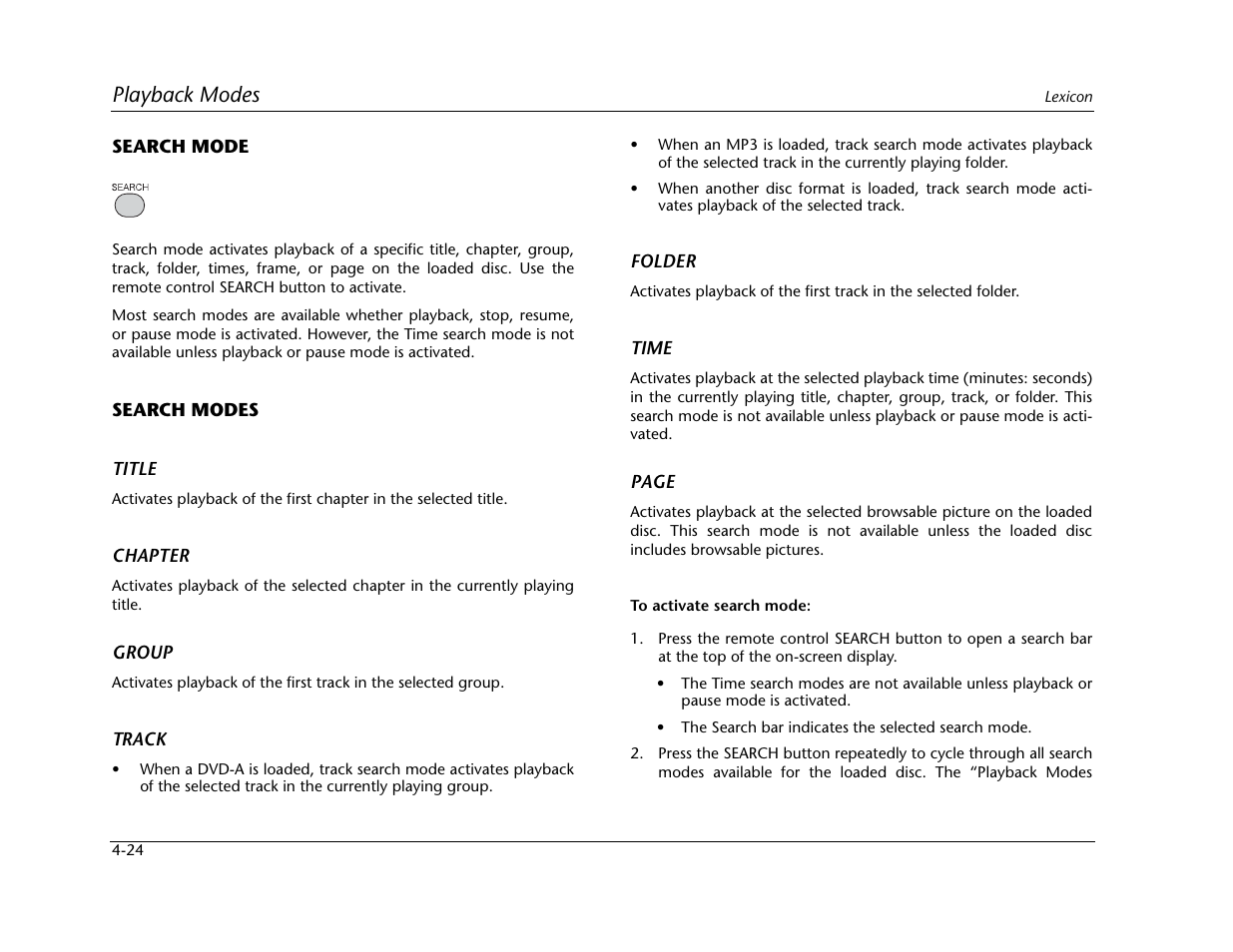 Playback modes | Lexicon Universal Disc Player RT-20 User Manual | Page 110 / 140