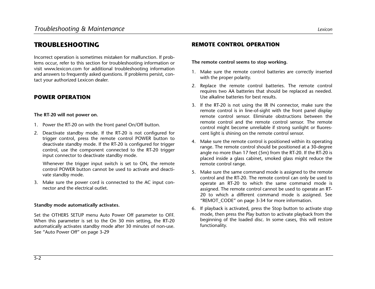 Troubleshooting & maintenance, Troubleshooting | Lexicon Universal Disc Player RT-20 User Manual | Page 116 / 140