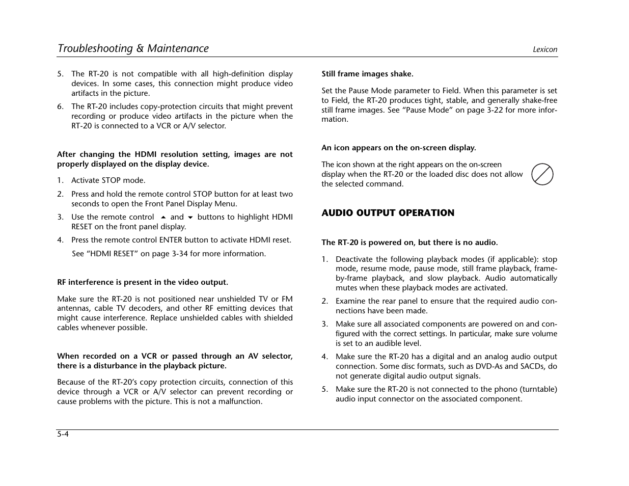 Troubleshooting & maintenance | Lexicon Universal Disc Player RT-20 User Manual | Page 118 / 140