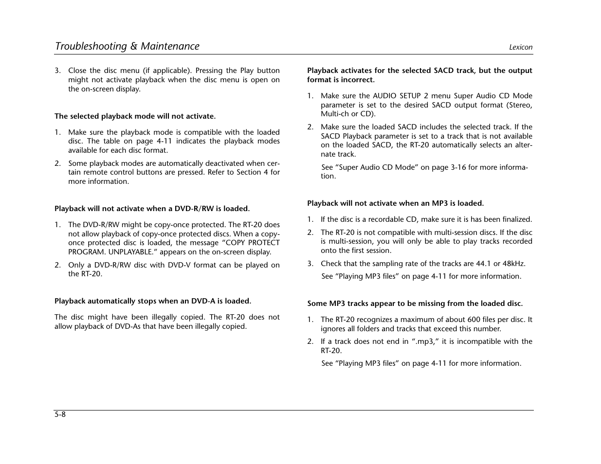 Troubleshooting & maintenance | Lexicon Universal Disc Player RT-20 User Manual | Page 122 / 140