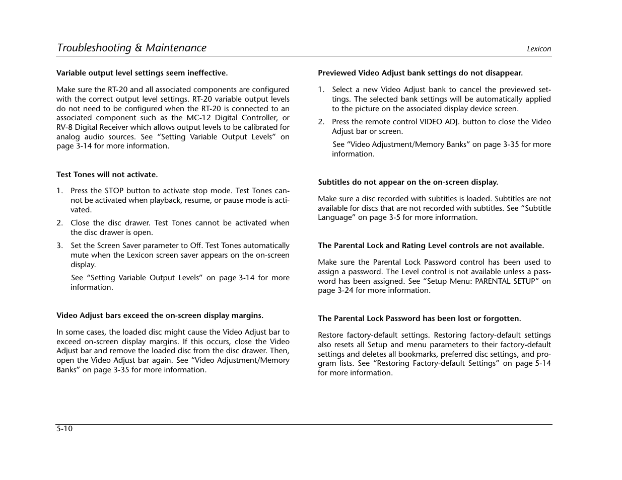 Troubleshooting & maintenance | Lexicon Universal Disc Player RT-20 User Manual | Page 124 / 140