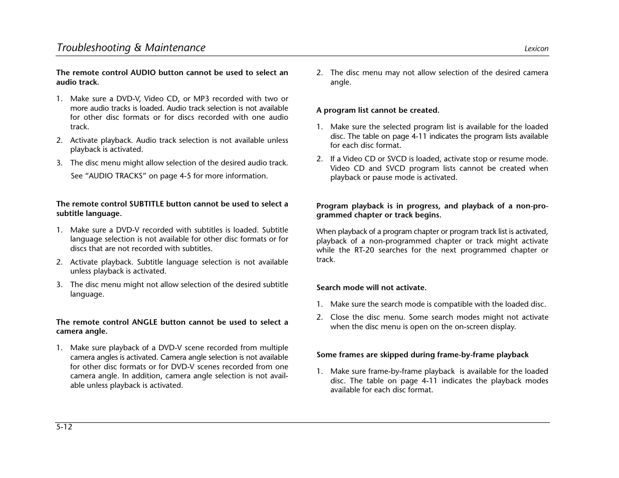 Troubleshooting & maintenance | Lexicon Universal Disc Player RT-20 User Manual | Page 126 / 140