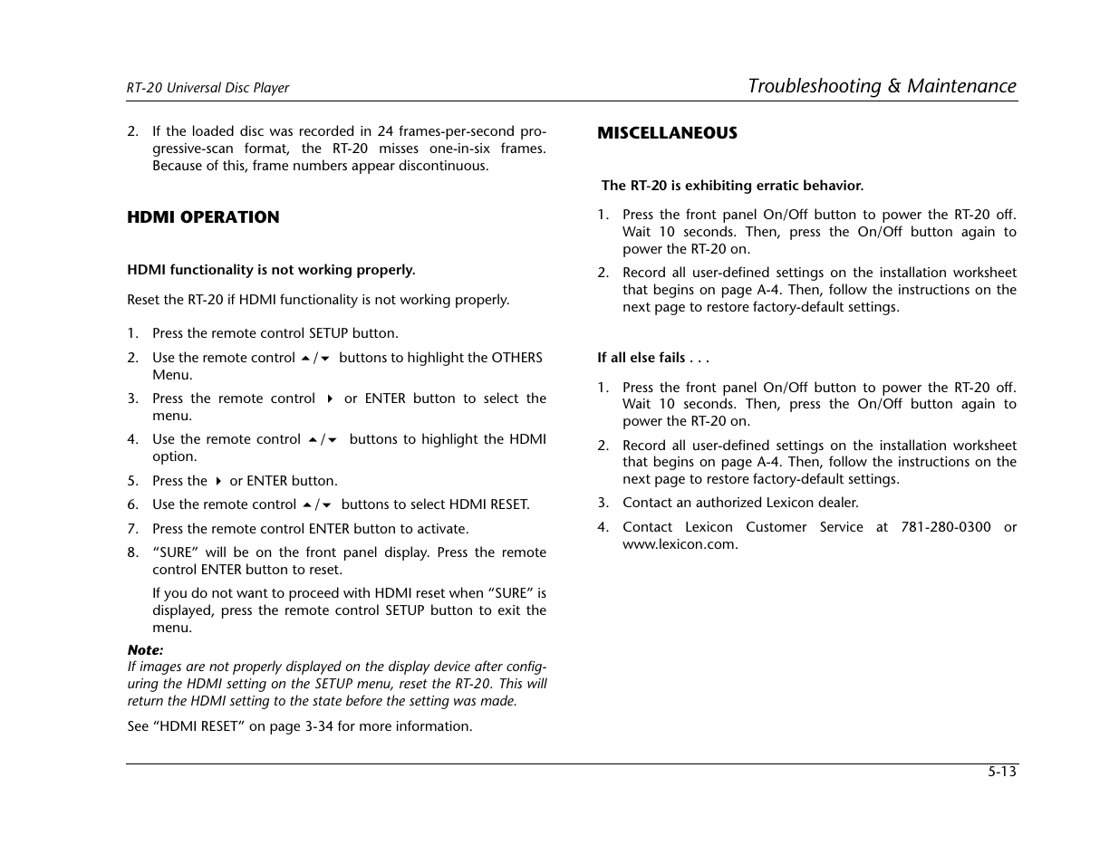 Troubleshooting & maintenance | Lexicon Universal Disc Player RT-20 User Manual | Page 127 / 140