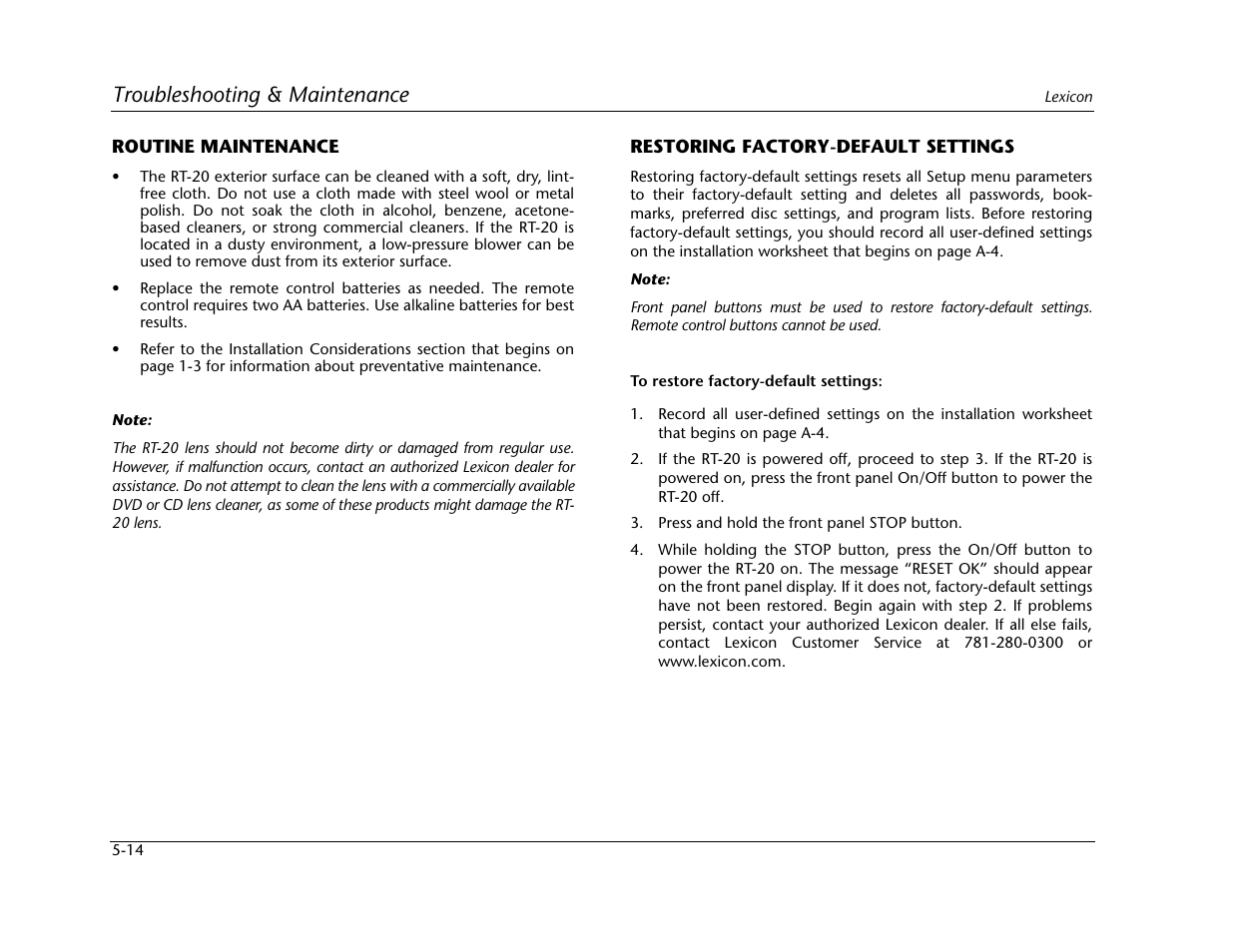 Troubleshooting & maintenance | Lexicon Universal Disc Player RT-20 User Manual | Page 128 / 140