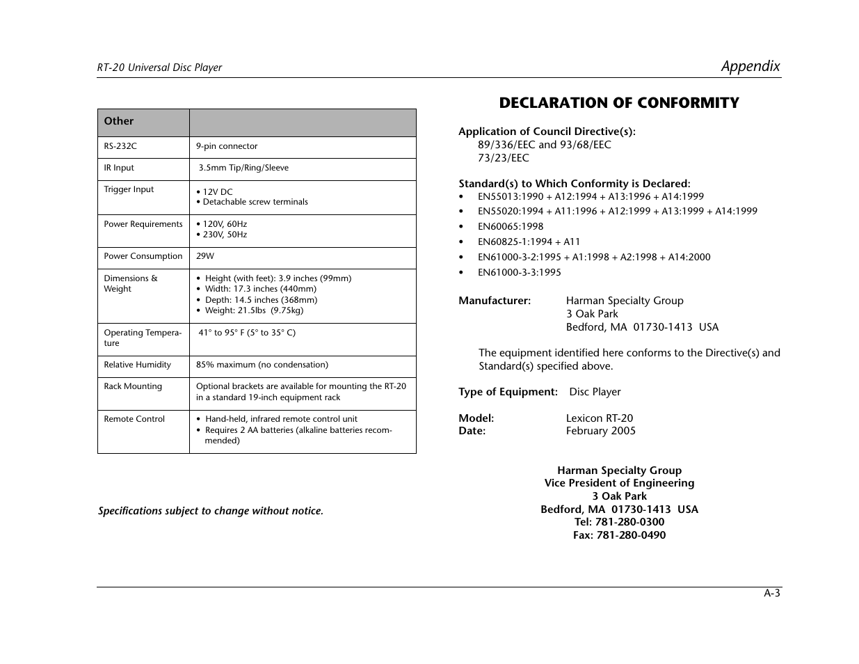 Appendix, Declaration of conformity | Lexicon Universal Disc Player RT-20 User Manual | Page 131 / 140