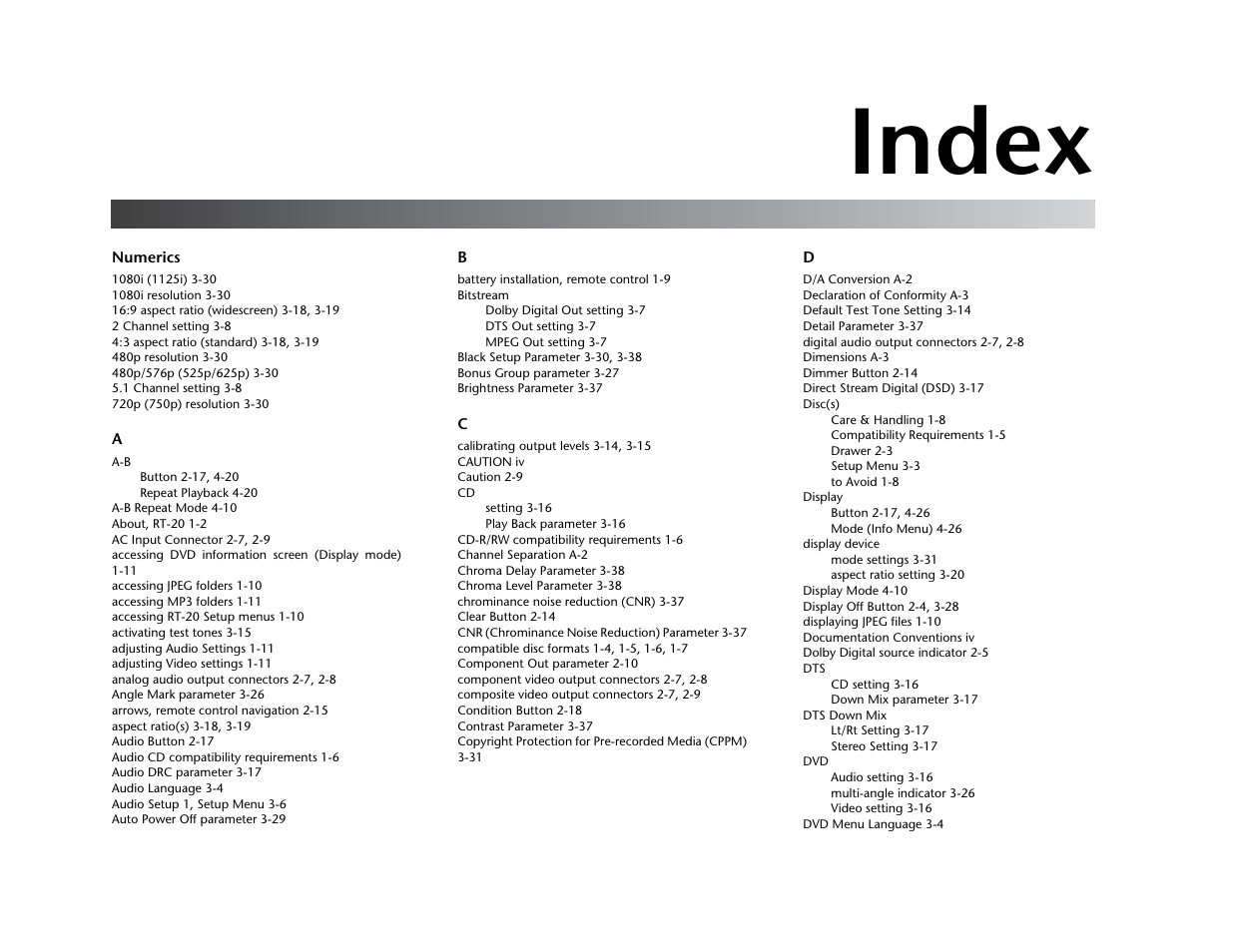 Index | Lexicon Universal Disc Player RT-20 User Manual | Page 135 / 140
