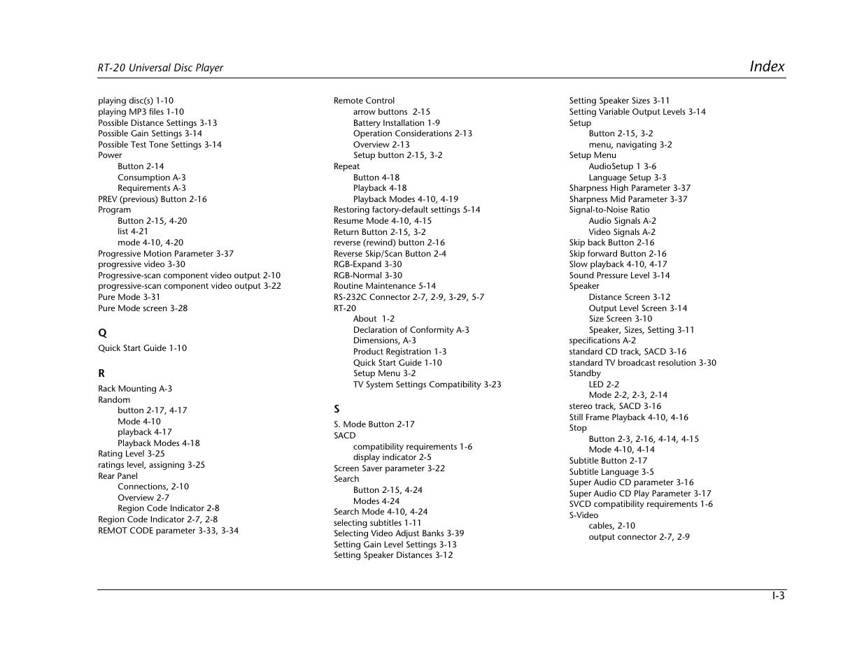 Index | Lexicon Universal Disc Player RT-20 User Manual | Page 137 / 140