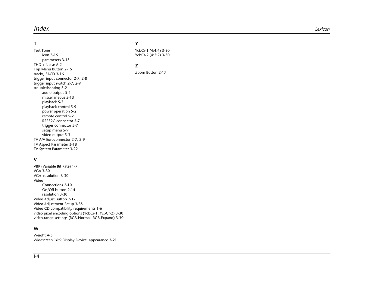 Index | Lexicon Universal Disc Player RT-20 User Manual | Page 138 / 140