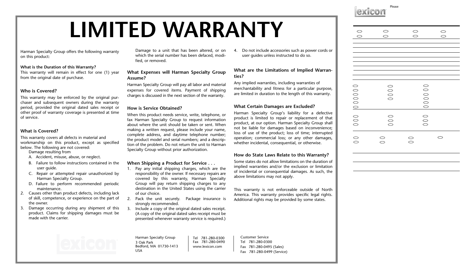 Limited warranty | Lexicon Universal Disc Player RT-20 User Manual | Page 139 / 140
