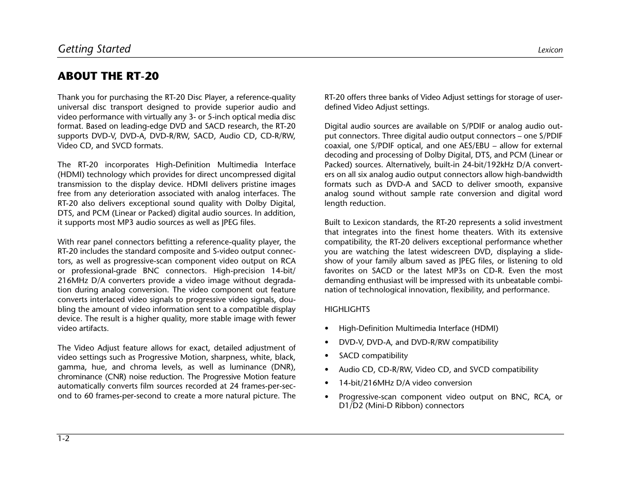 Getting started, About the rt-20 | Lexicon Universal Disc Player RT-20 User Manual | Page 16 / 140