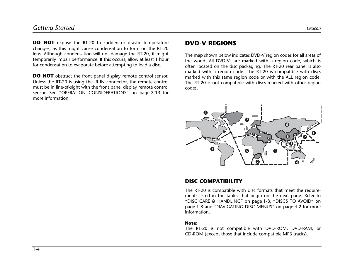 Getting started, Dvd-v regions | Lexicon Universal Disc Player RT-20 User Manual | Page 18 / 140