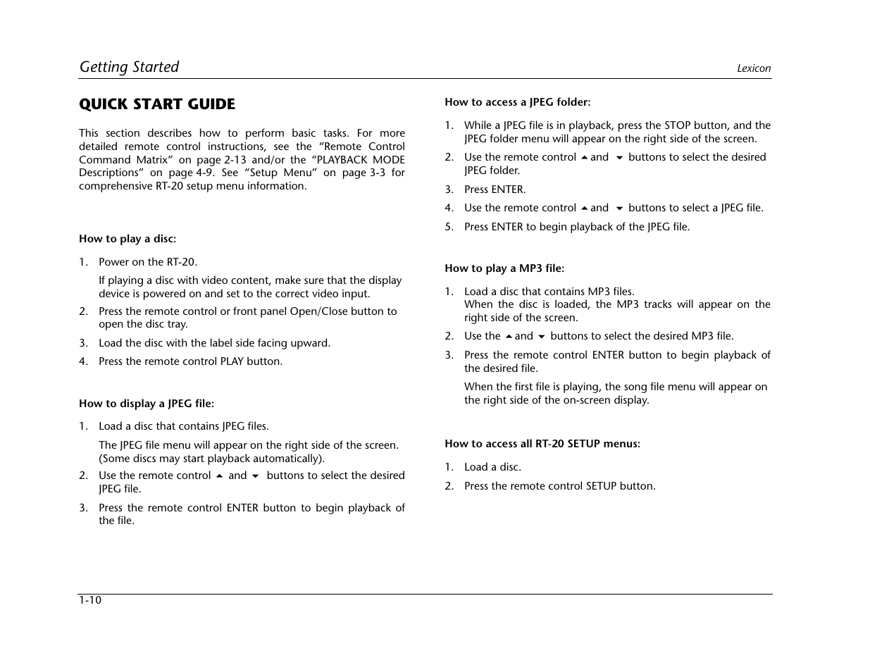 Getting started, Quick start guide | Lexicon Universal Disc Player RT-20 User Manual | Page 24 / 140