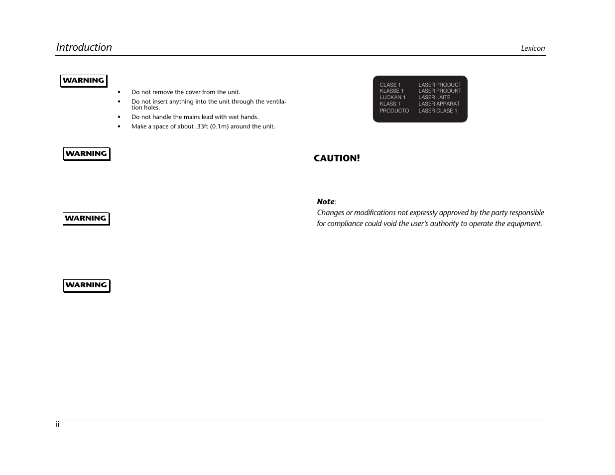 Introduction, Caution | Lexicon Universal Disc Player RT-20 User Manual | Page 4 / 140