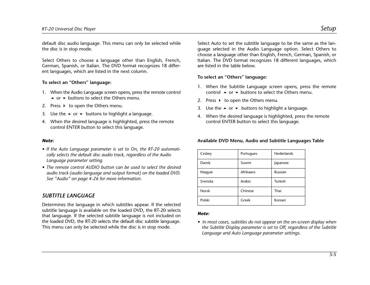 Setup, Subtitle language | Lexicon Universal Disc Player RT-20 User Manual | Page 49 / 140