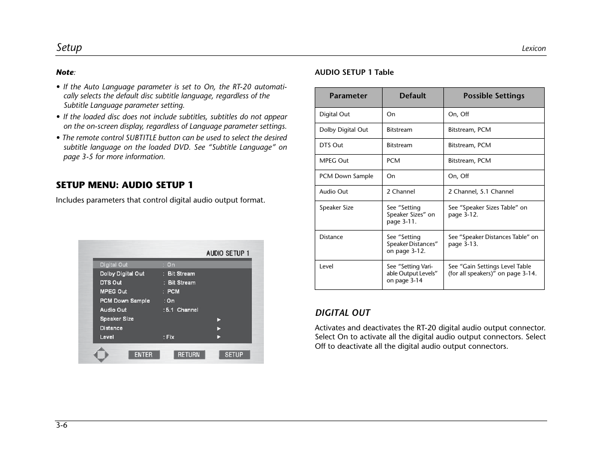 Setup, Setup menu: audio setup 1, Digital out | Lexicon Universal Disc Player RT-20 User Manual | Page 50 / 140