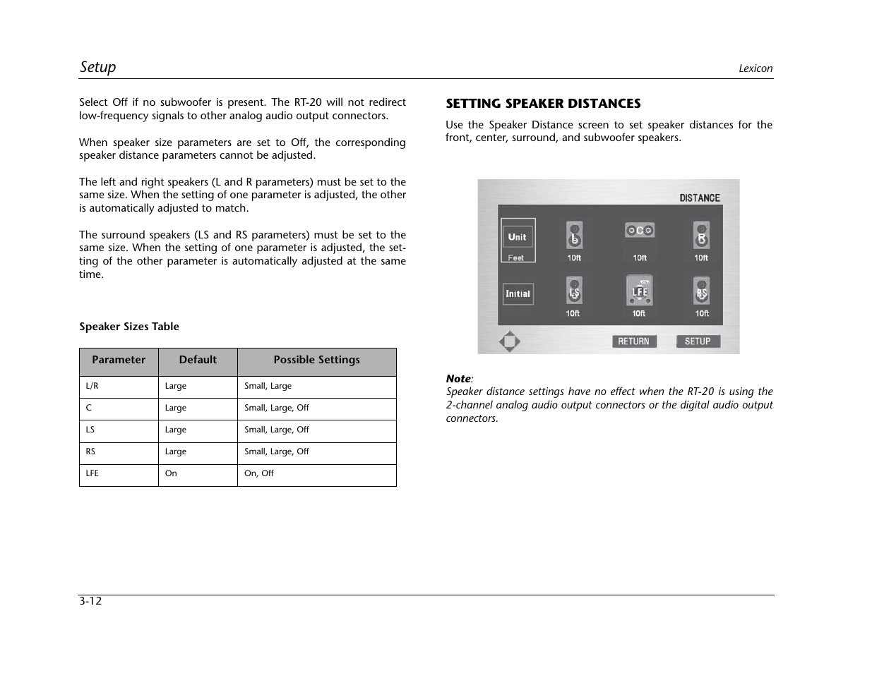 Setup, Setting speaker distances | Lexicon Universal Disc Player RT-20 User Manual | Page 56 / 140