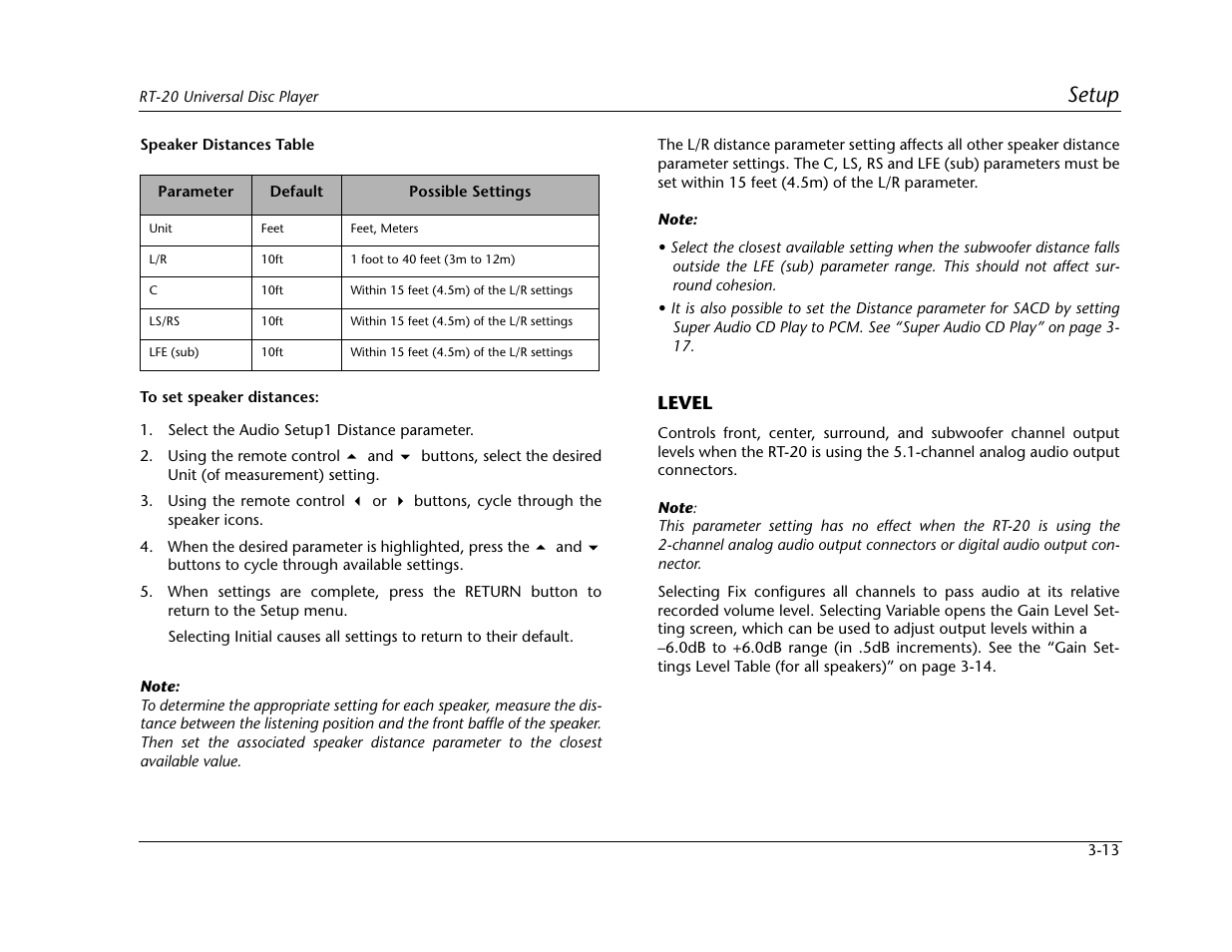 Setup, Level | Lexicon Universal Disc Player RT-20 User Manual | Page 57 / 140