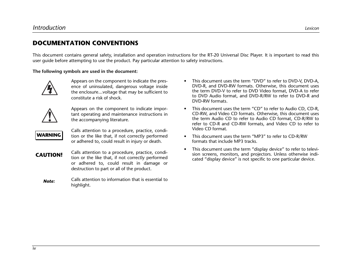 Introduction, Documentation conventions | Lexicon Universal Disc Player RT-20 User Manual | Page 6 / 140