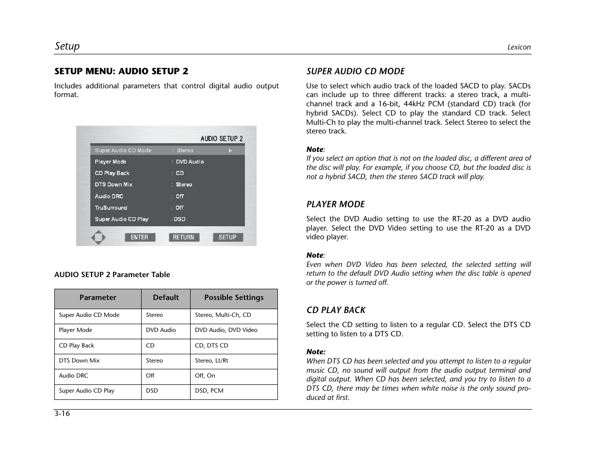 Setup, Setup menu: audio setup 2, Super audio cd mode | Player mode, Cd play back | Lexicon Universal Disc Player RT-20 User Manual | Page 60 / 140