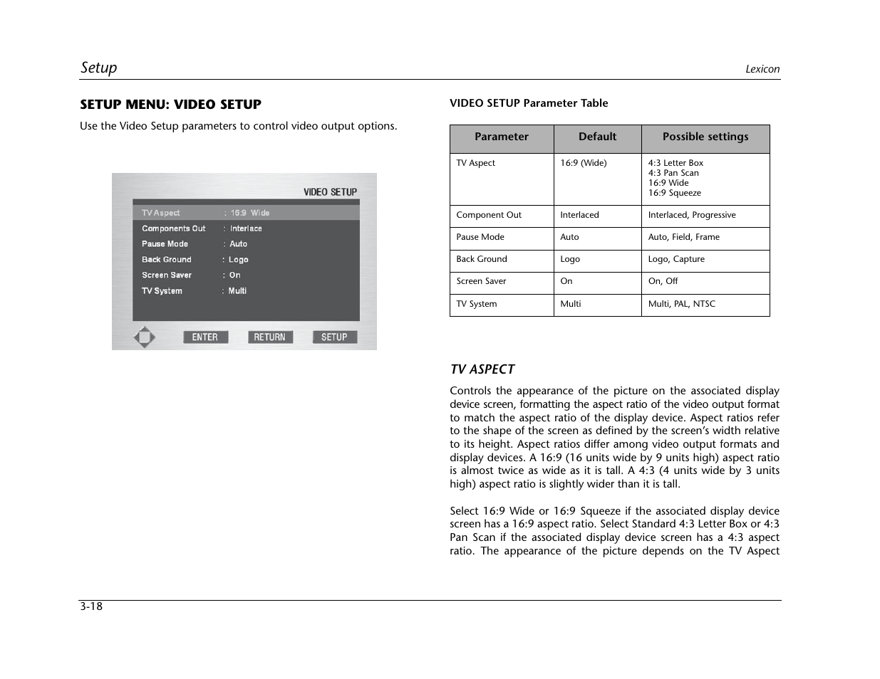 Setup, Setup menu: video setup, Tv aspect | Lexicon Universal Disc Player RT-20 User Manual | Page 62 / 140